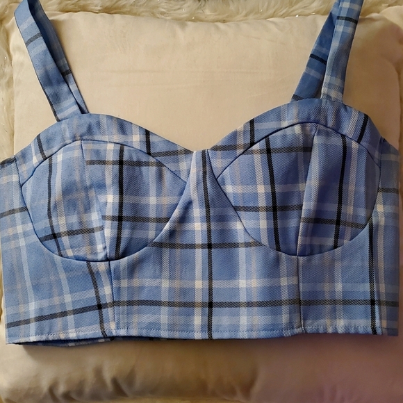 CROP BRA TOP BY HESPERUS SIZE LARGE PLAID BLUE VERY SEXY AND STYLISH 💙 NWOT - Picture 5 of 7